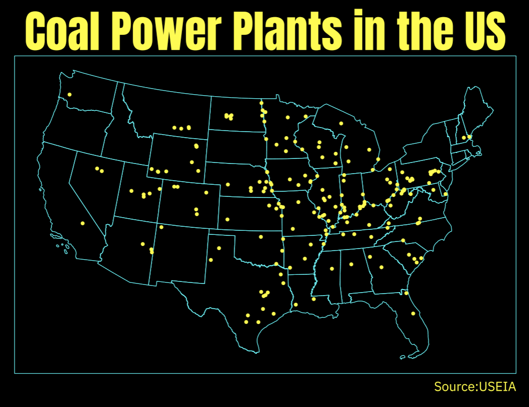 Map showing distribution of coal plants in America